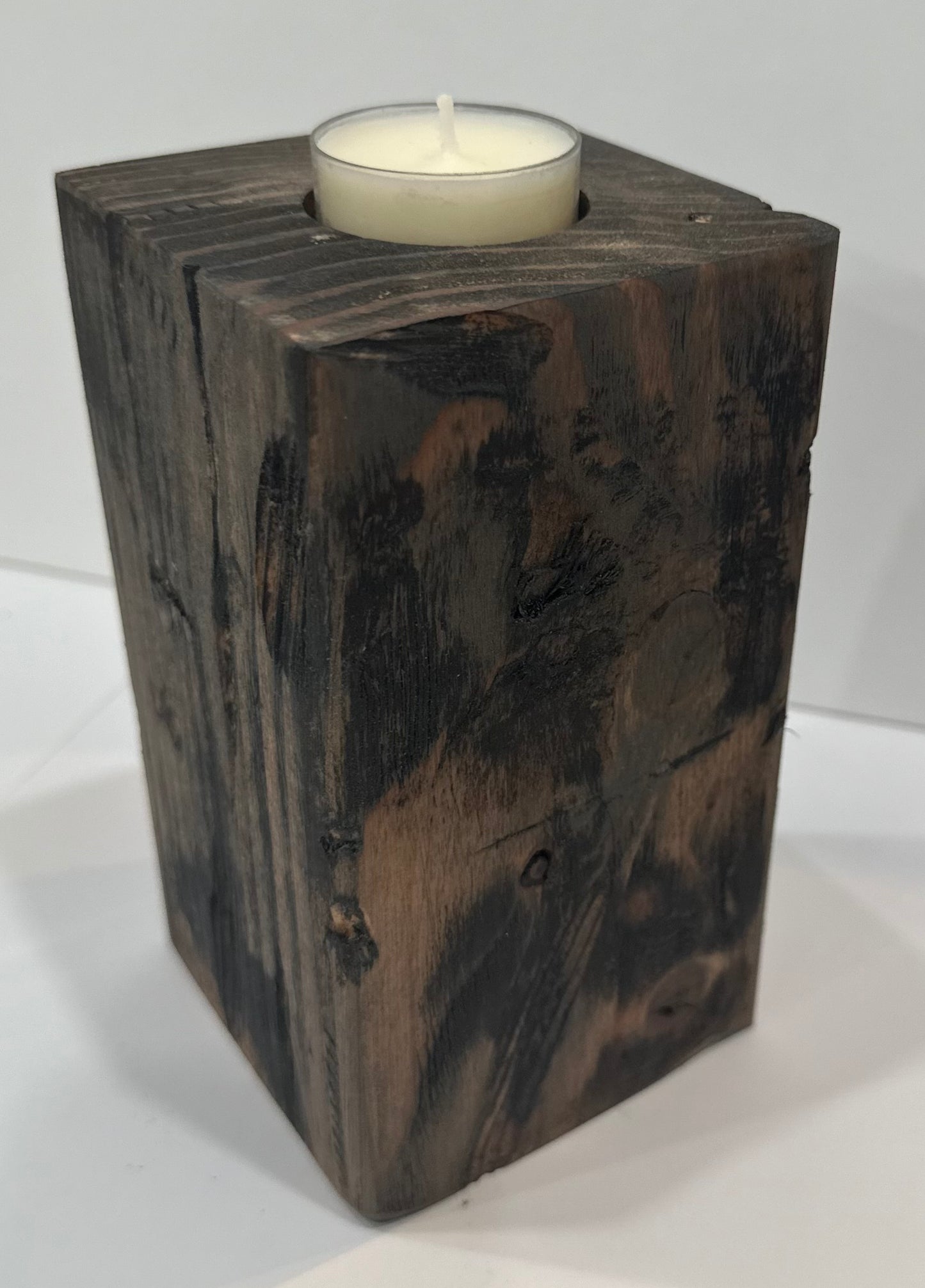 6" Rustic Farmhouse Distressed Weathered Wood Block - Single Tea Light Candle Holder