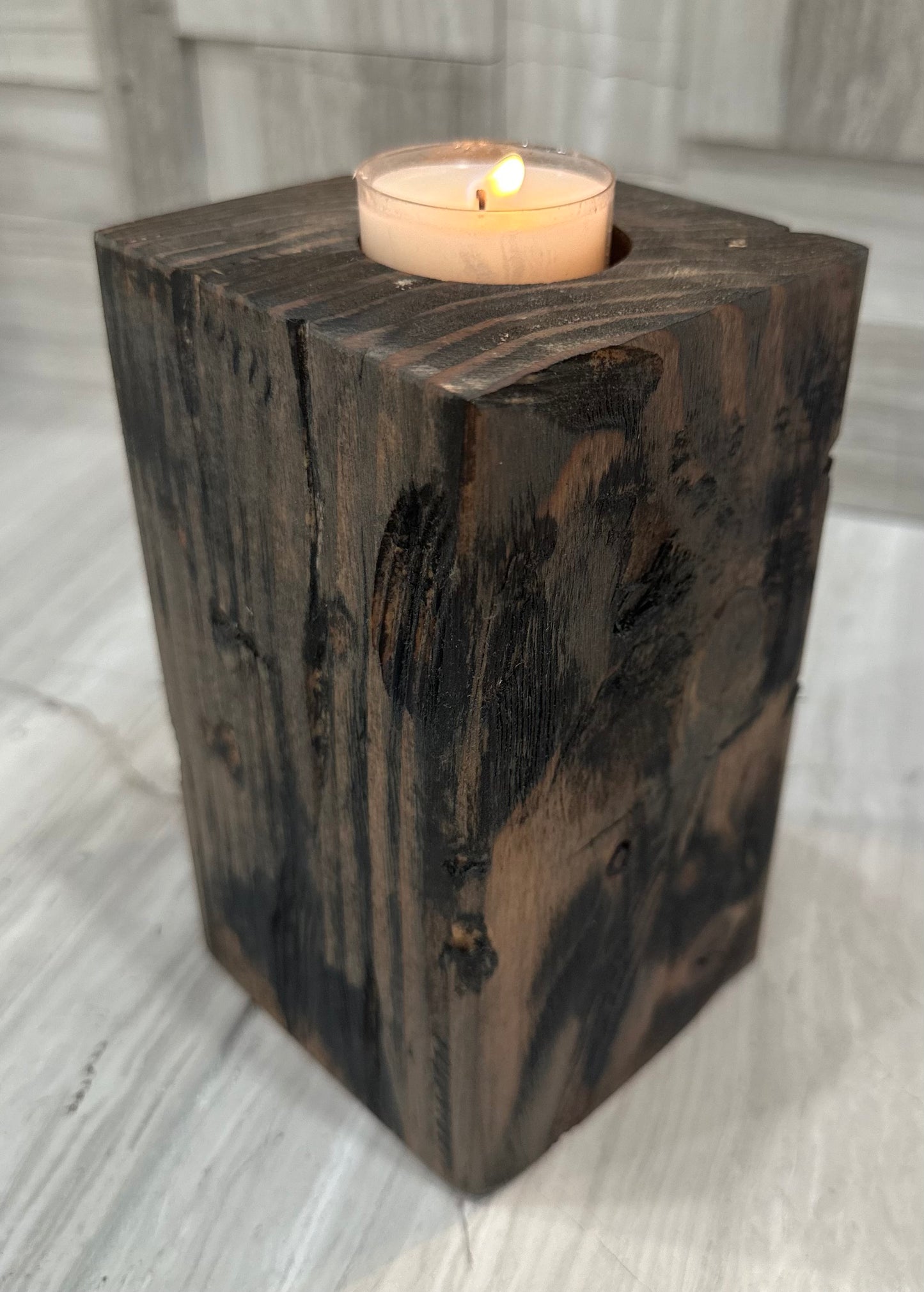 6" Rustic Farmhouse Distressed Weathered Wood Block - Single Tea Light Candle Holder