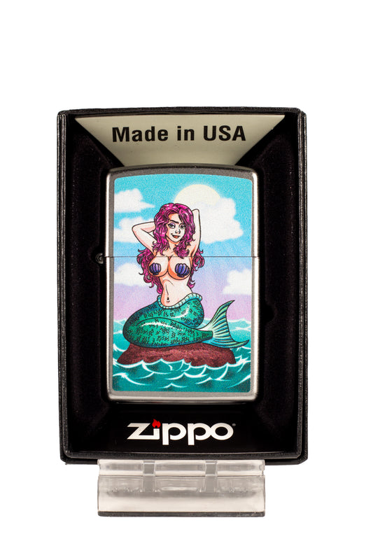 Sexy Mermaid on Rock in the Ocean - Satin Chrome Zippo Lighter