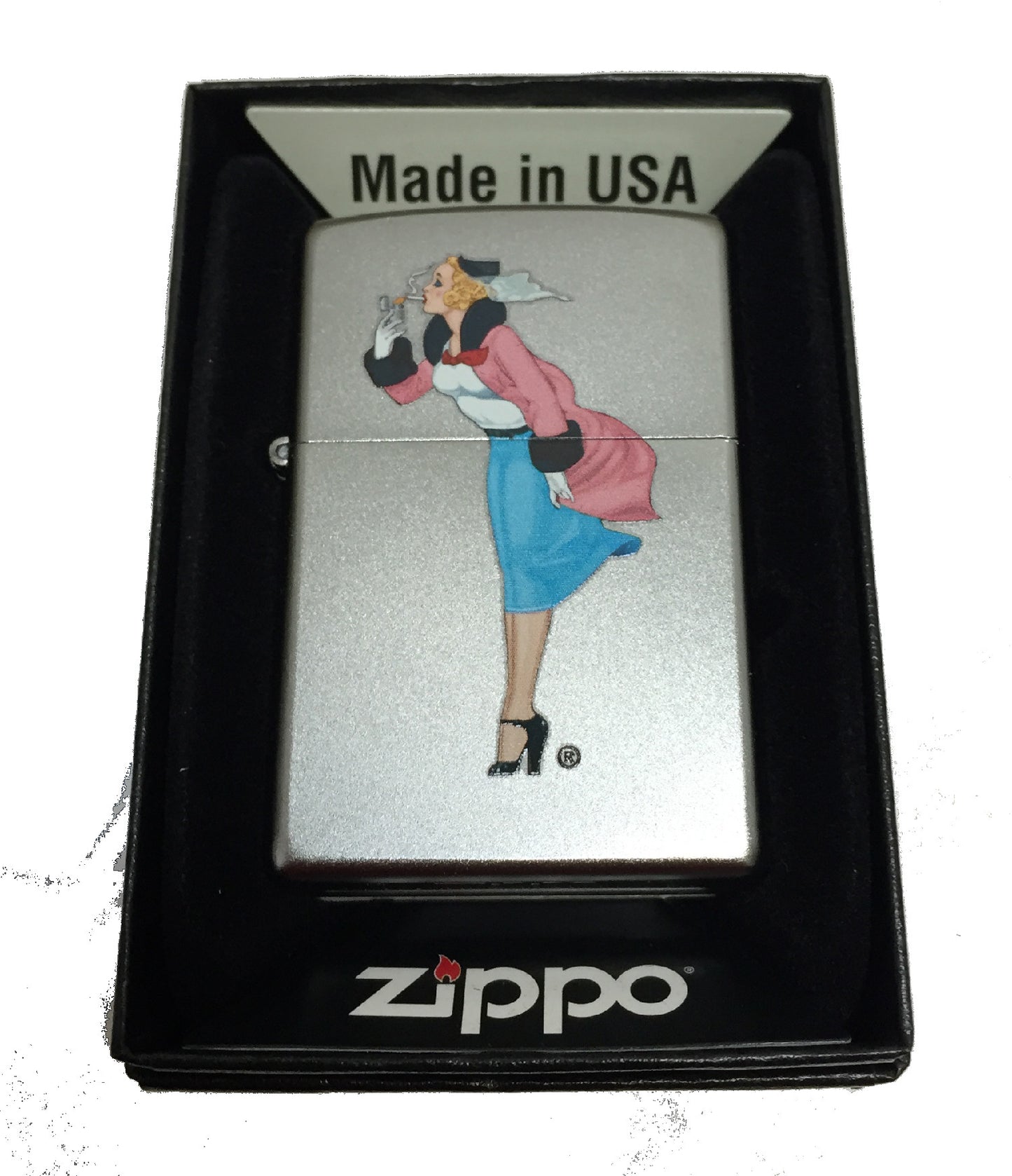 Zippo Windy Girl in Pink Coat - Satin Chrome Zippo Lighter