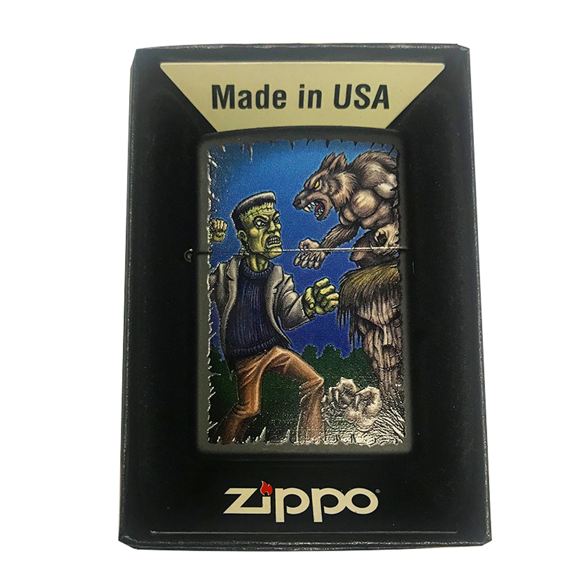 Horror Monsters Frankenstein vs Werewolf Fight - Black Matte Zippo Lighter