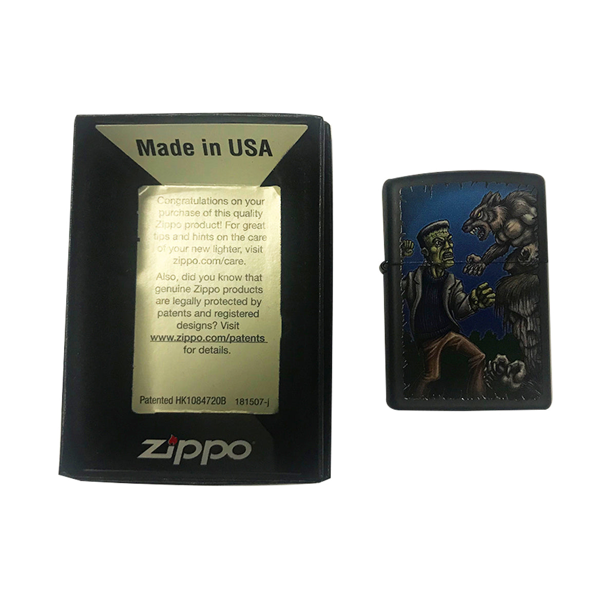 Horror Monsters Frankenstein vs Werewolf Fight - Black Matte Zippo Lighter