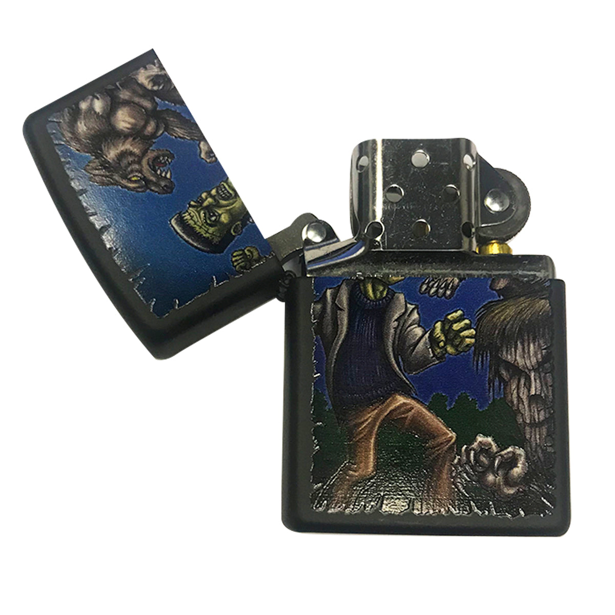 Horror Monsters Frankenstein vs Werewolf Fight - Black Matte Zippo Lighter