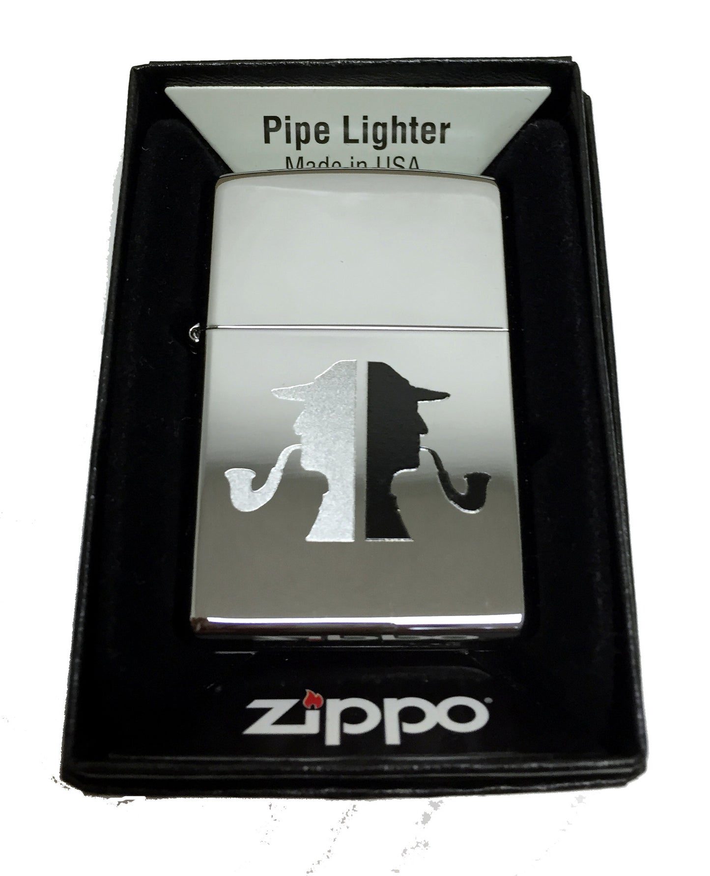 Classic Detective Sherlock with Pipe Silhouette - Engraved High Polish Chrome Zippo Lighter