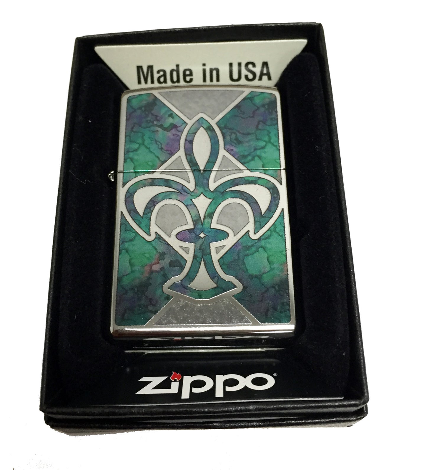 Green Fleur de Lis Stained Glass Design - Fusion High Polish Chrome Zippo Lighter