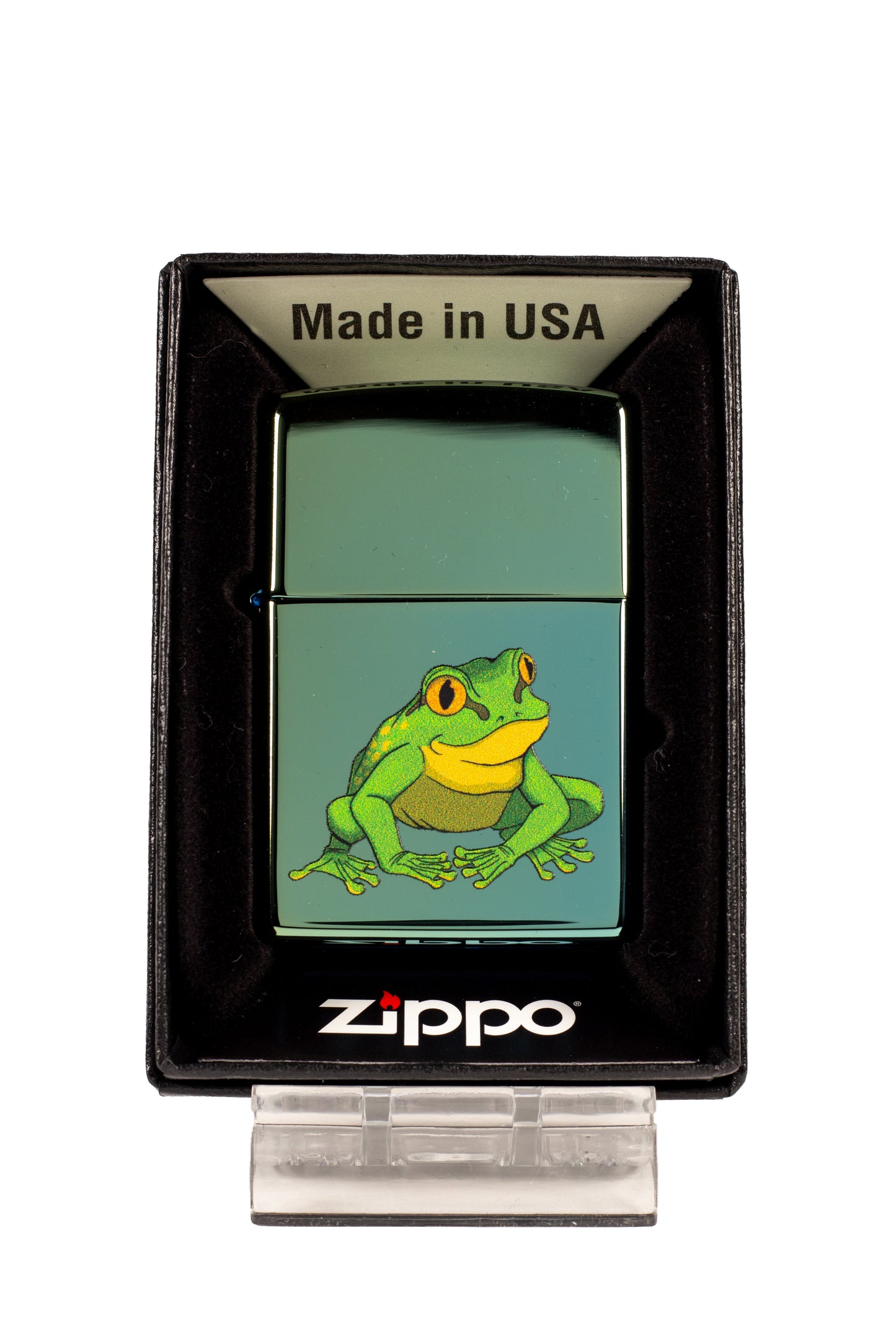 Cute Green and Yellow Treefrog - High Polish Teal Zippo Lighter