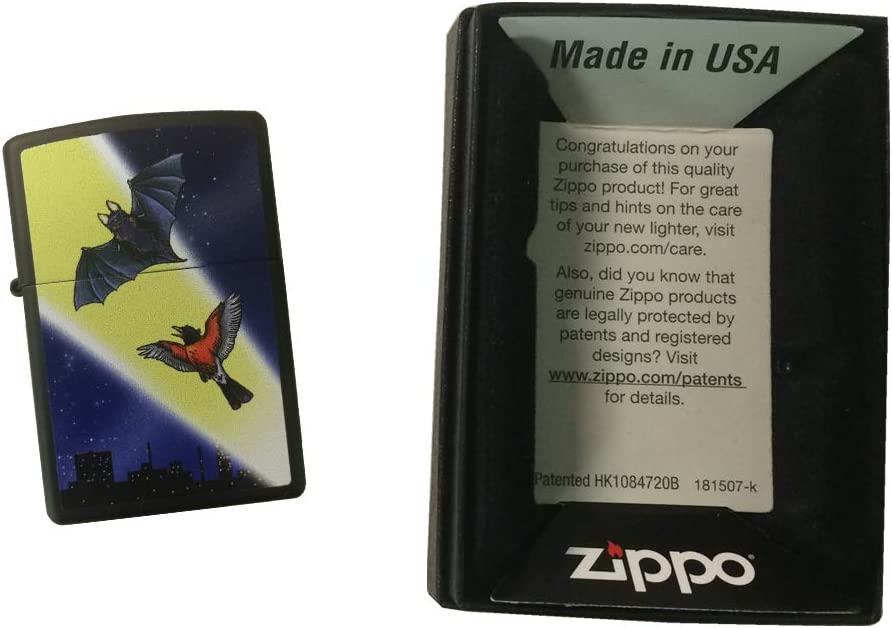 Bat and Sidekick Bird Parody in the City at Night with Signal Light - Black Matte Zippo Lighter