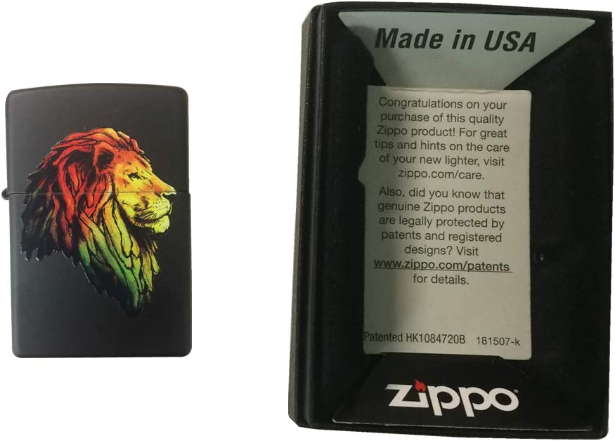 Lion with Rasta Colors - Black Matte Zippo Lighter