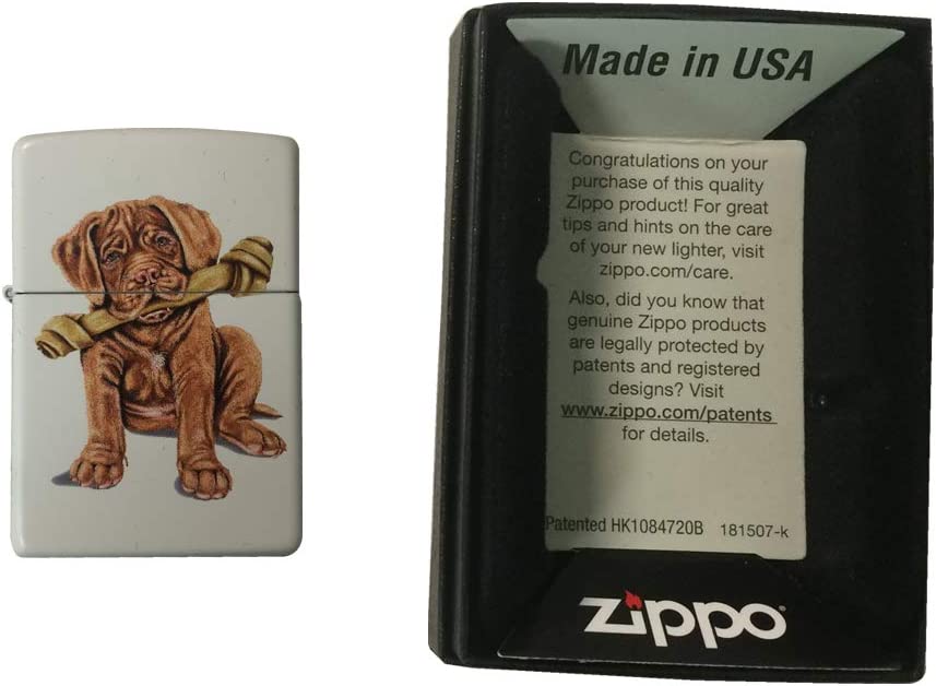 French Mastiff Puppy Dog with Bone - White Matte Zippo Lighter