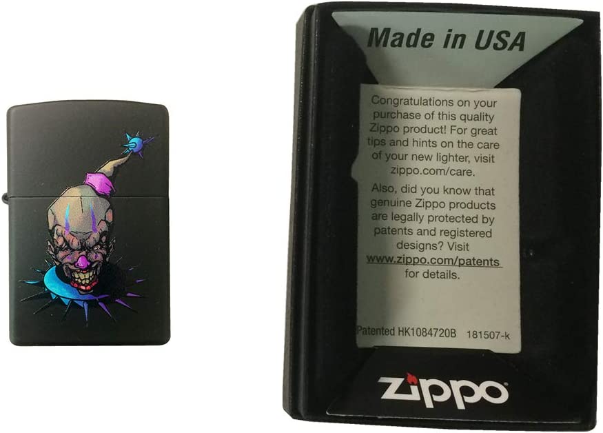 Sneering Evil Clown with Purple and Blue Spikes and Makeup - Black Matte Zippo Lighter