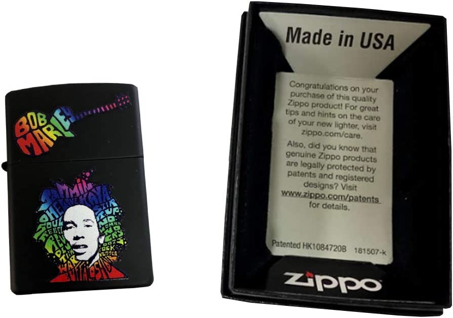 Bob Marley Rainbow Text and Guitar - Black Matte Zippo Lighter