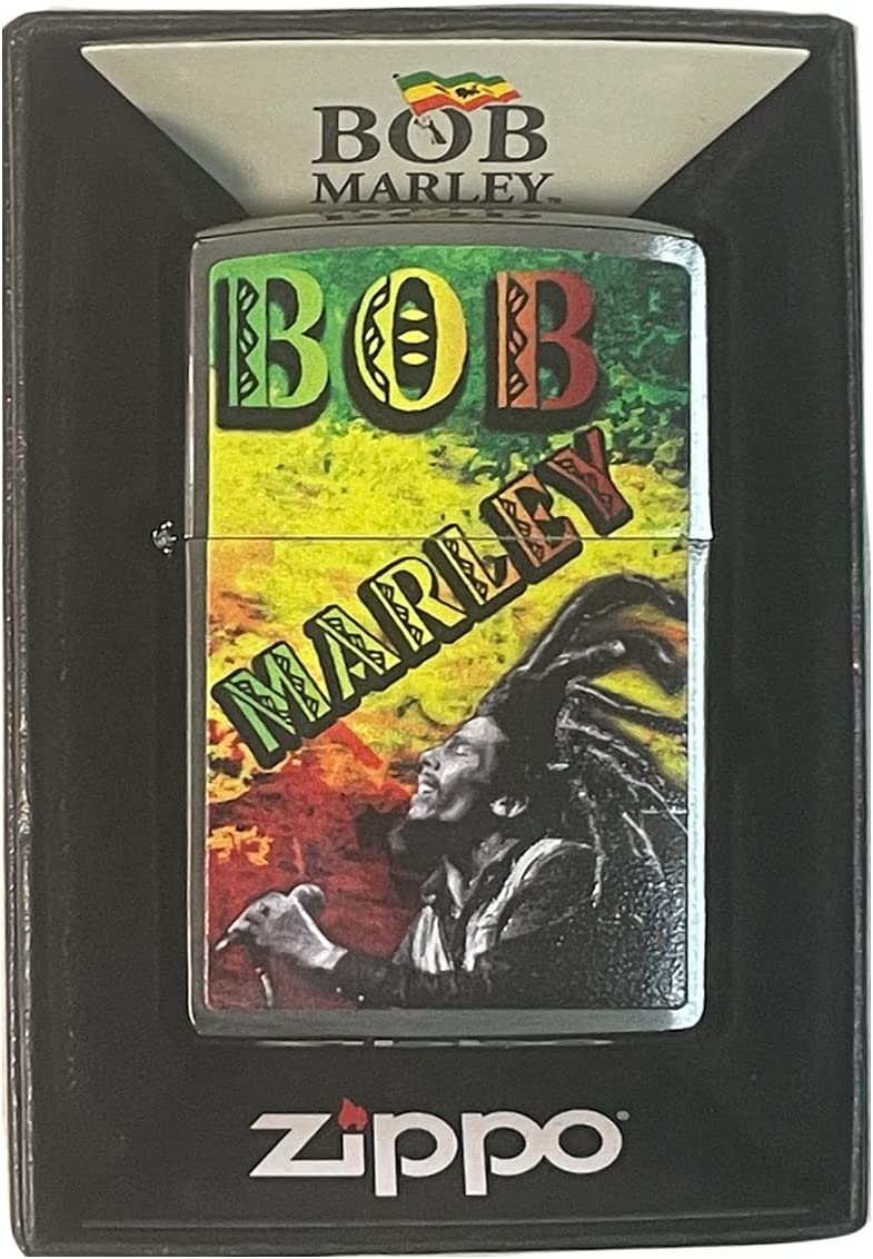Bob Marley with Rasta Colors - Brushed Chrome Zippo Lighter