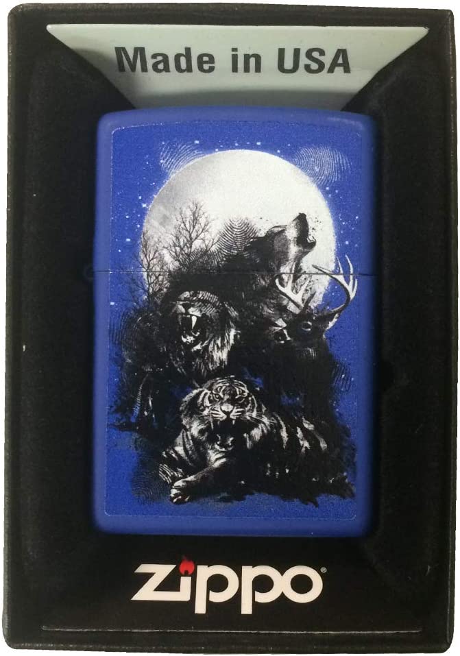 Call of the Wild Wolf, Lion, Tiger, Deer Animals and Moon - Royal Blue Matte Zippo Lighter