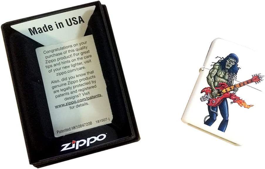 Rocker Long Hair Horror Monster Zombie Shredding Metal Guitar - White Matte Zippo Lighter