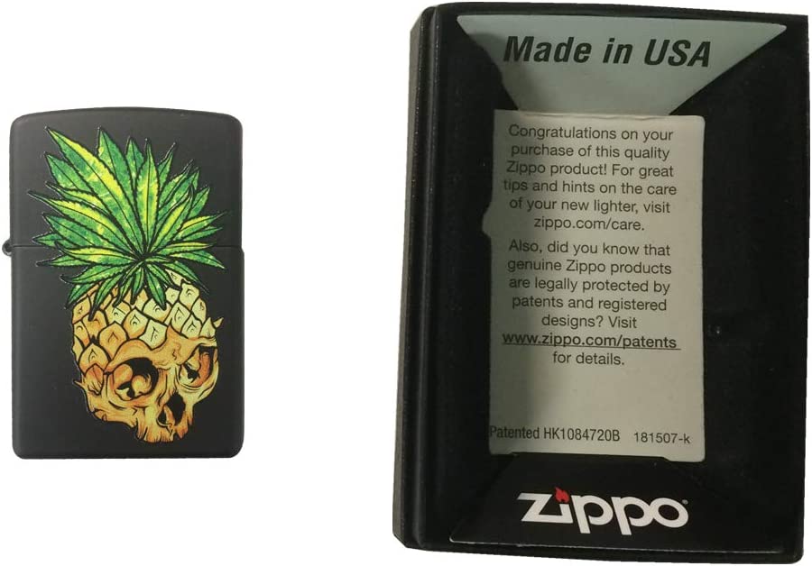 Punk Pineapple Fruit Skull with Fire Eyes - Black Matte Zippo Lighter