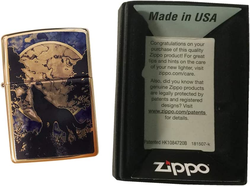 Full Moon Howling Wolf Silhouette - Fusion High Polish Brass Zippo Lighter