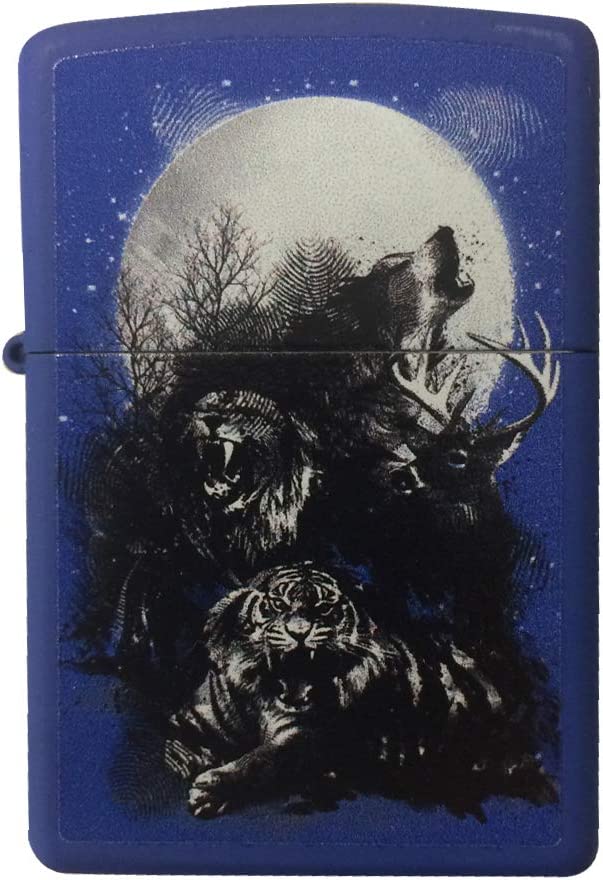 Call of the Wild Wolf, Lion, Tiger, Deer Animals and Moon - Royal Blue Matte Zippo Lighter