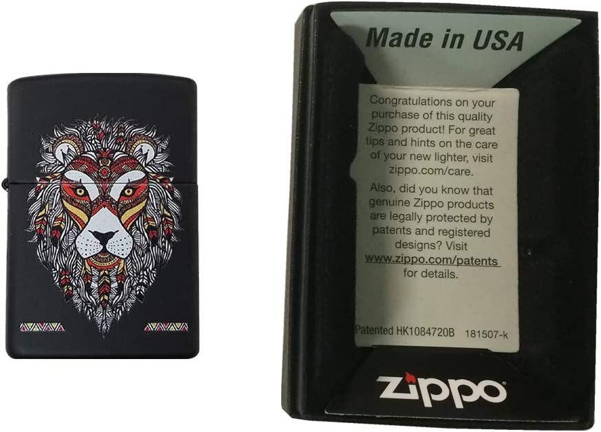 African Tribal Lion Head Design - Black Matte Zippo Lighter