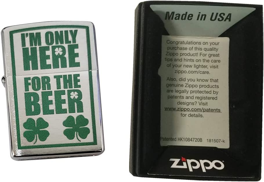 I'm Only Here for the Beer Clover Shamrock Design - Brushed Chrome Zippo Lighter
