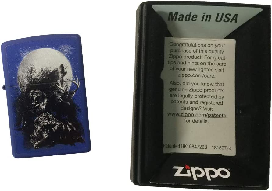 Call of the Wild Wolf, Lion, Tiger, Deer Animals and Moon - Royal Blue Matte Zippo Lighter