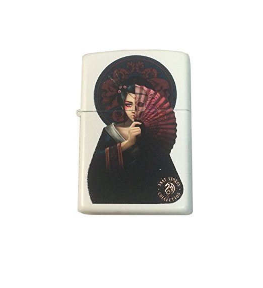 Anne Stokes Japanese Geisha with Fan - White Matte Zippo Lighter