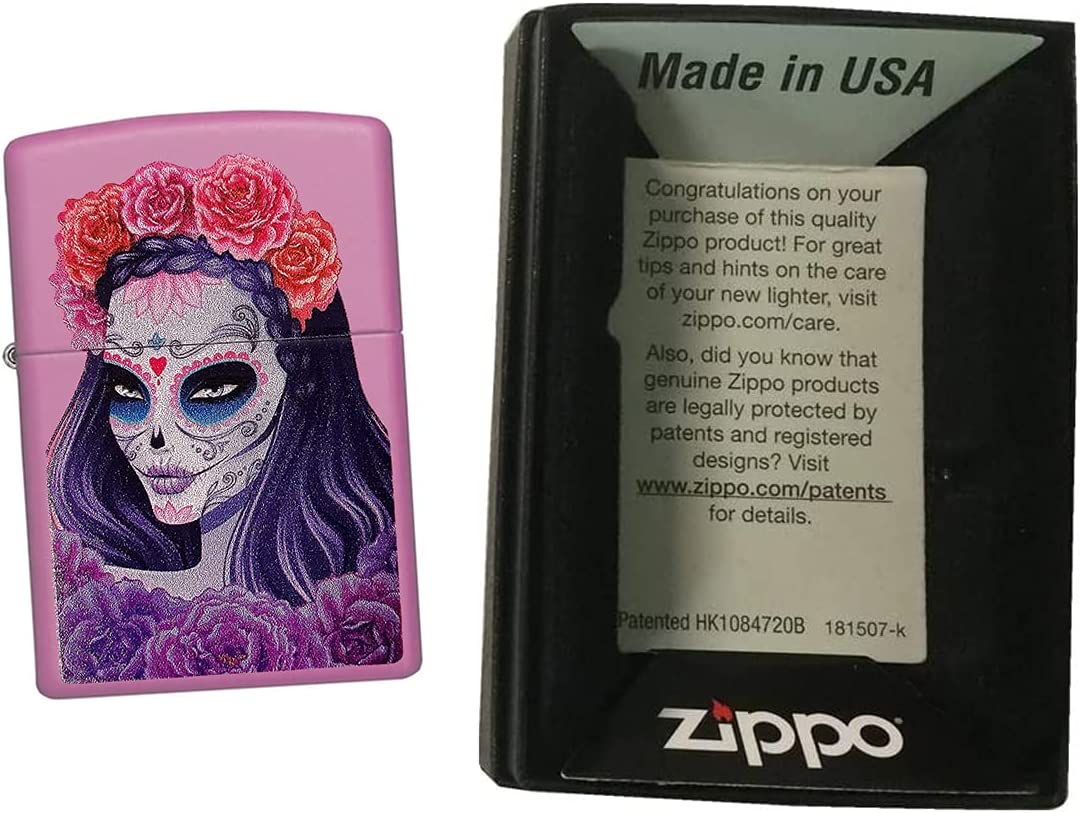 Flowered Sugar Skull Woman - Pink Matte Zippo Lighter