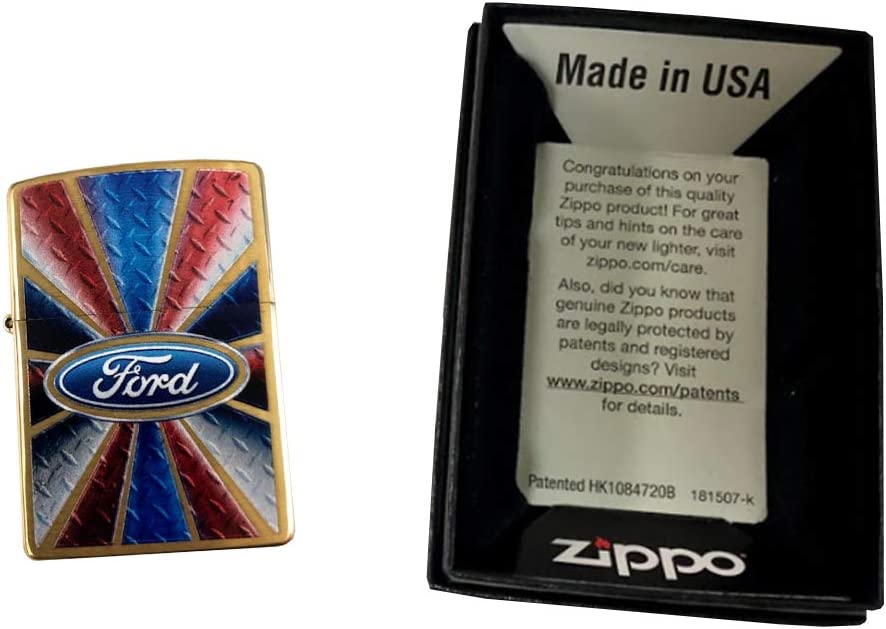 Ford Script in Oval Logo on Red White and Blue - Brushed Brass Zippo Lighter