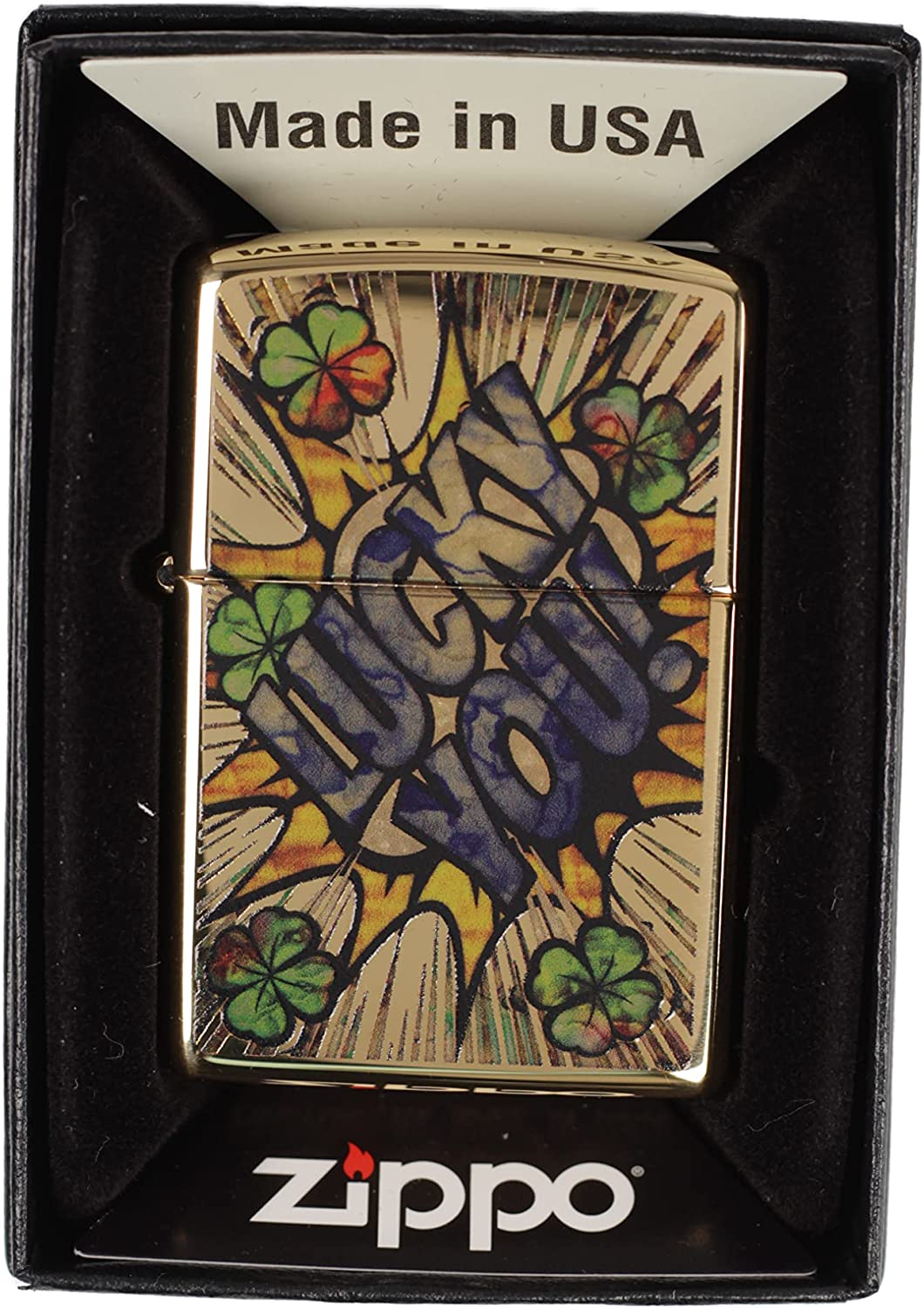 Lucky You Comic Word Art with Shamrocks - Fusion High Polish Brass Zippo Lighter