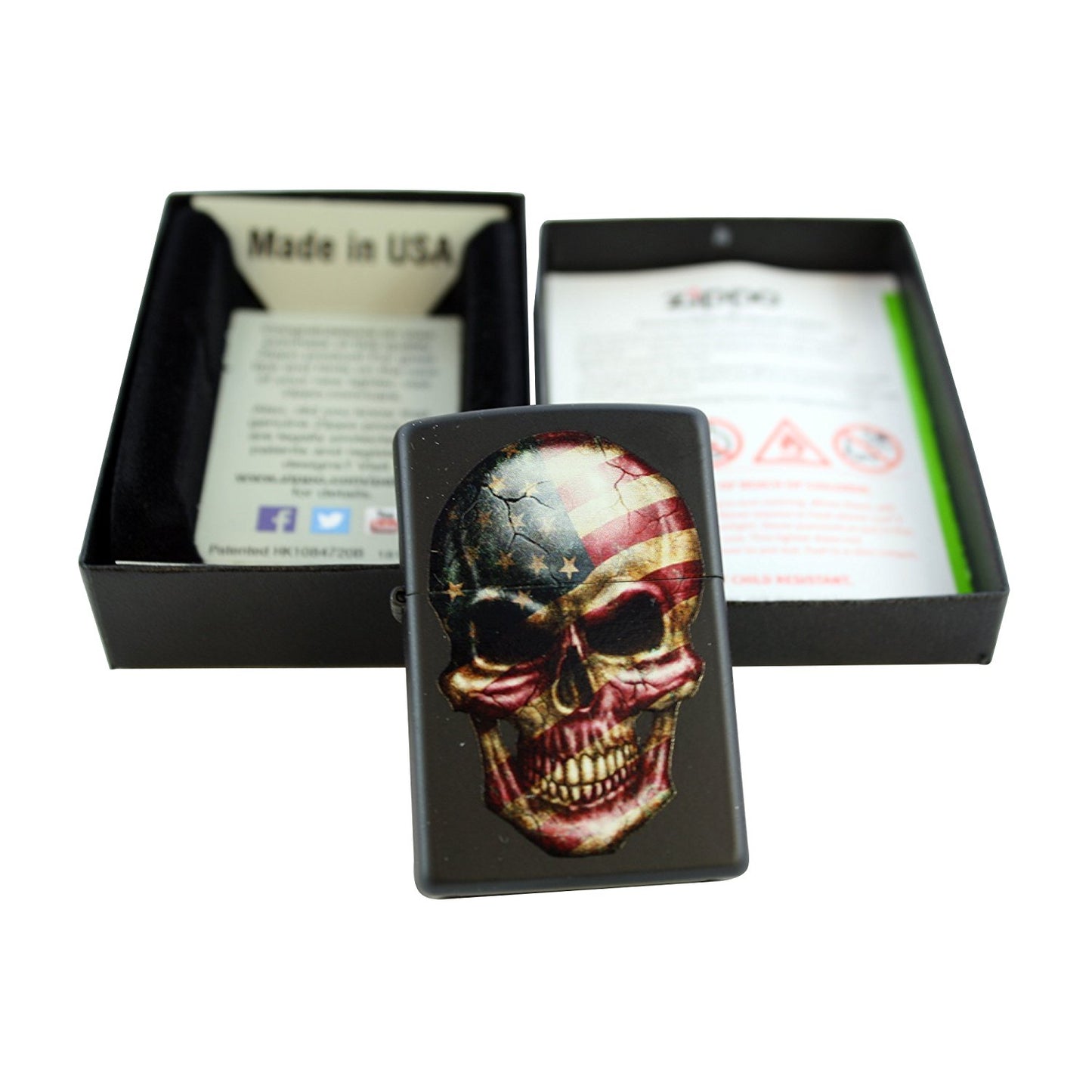 American Flag on Skull - Black Matte Zippo Lighter