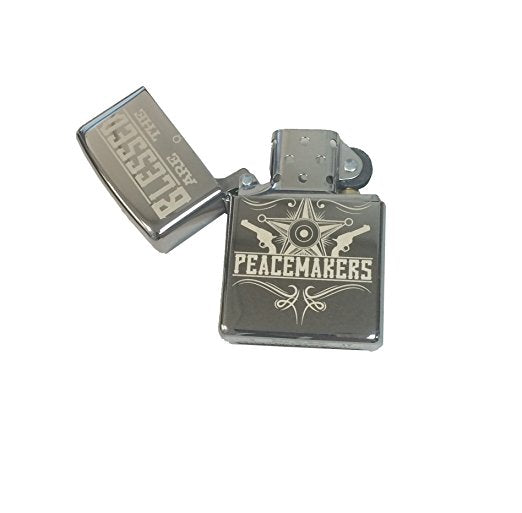 "Blessed Are The Peacemakers" Vintage Sheriff Police Star and Guns - Engraved High Polish Chrome Zippo Lighter