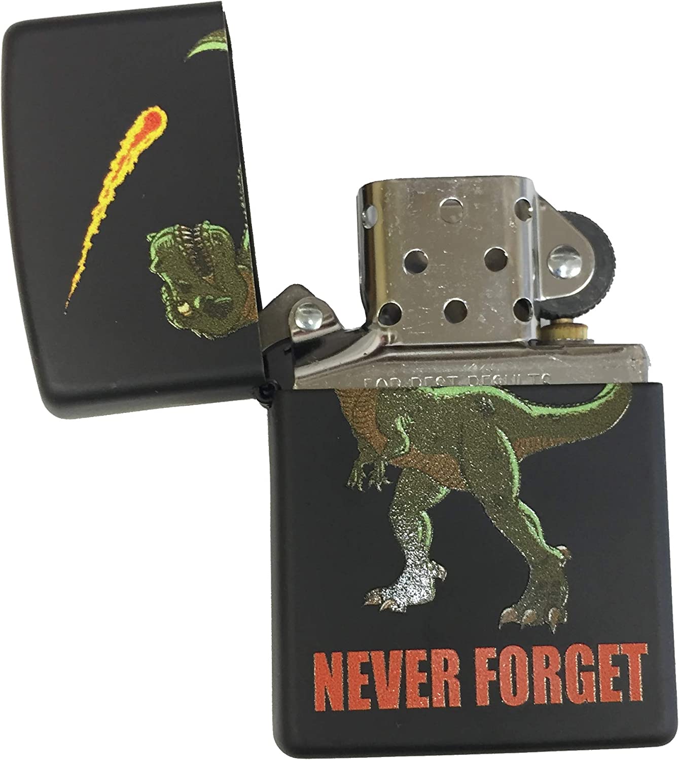 "Never Forget" Dinosaur and Asteroid - Black Matte Zippo Lighter