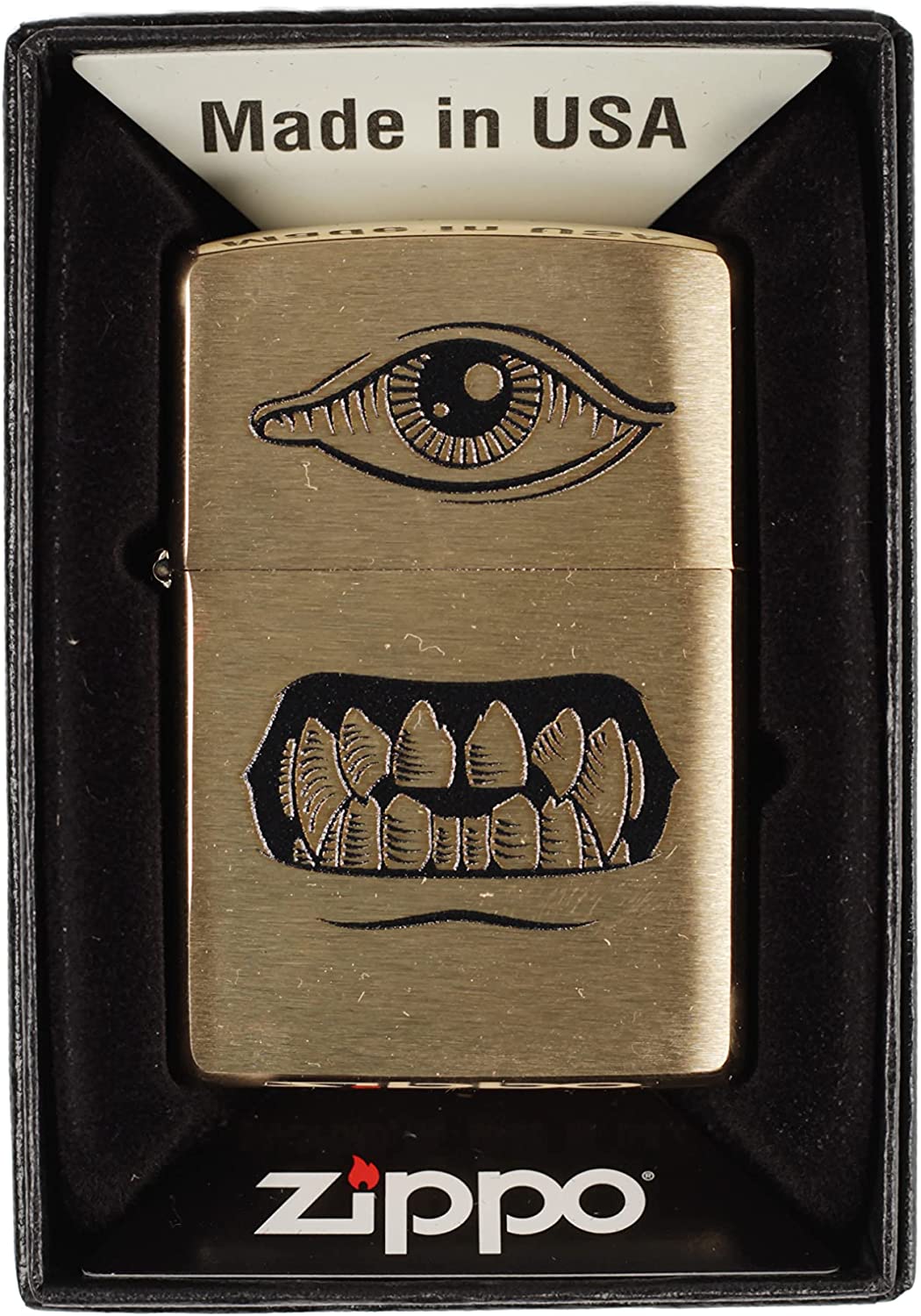 Cyclops Eye and Mouth with Teeth - Brushed Brass Zippo Lighter