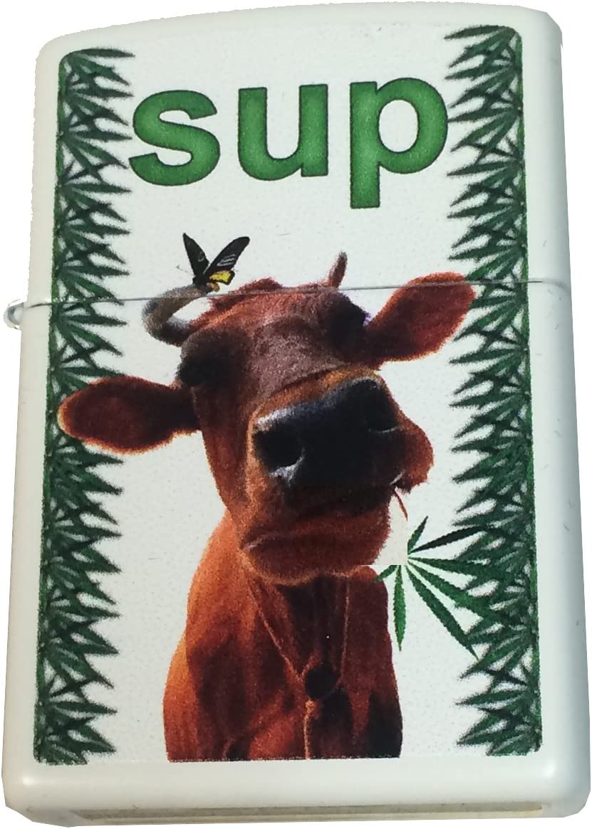 "Sup" Cow with Leaf - White Matte Zippo Lighter