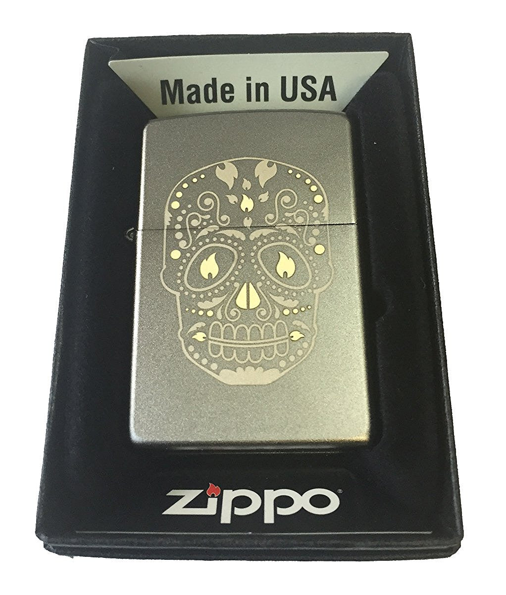 Day of the Dead Skull - 2 Tone Engraved Satin Chrome Zippo Lighter