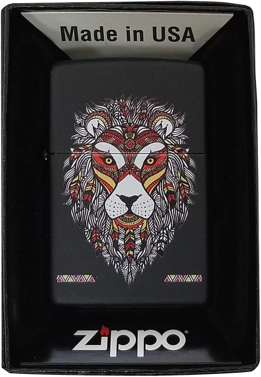 African Tribal Lion Head Design - Black Matte Zippo Lighter