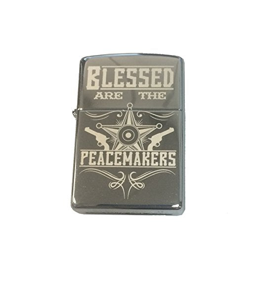 "Blessed Are The Peacemakers" Vintage Sheriff Police Star and Guns - Engraved High Polish Chrome Zippo Lighter