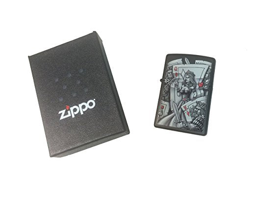 Queen of Diamonds Card Gambling with Kings - Black Matte Zippo Lighter
