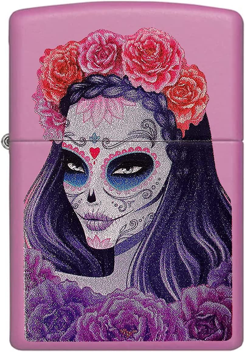 Flowered Sugar Skull Woman - Pink Matte Zippo Lighter