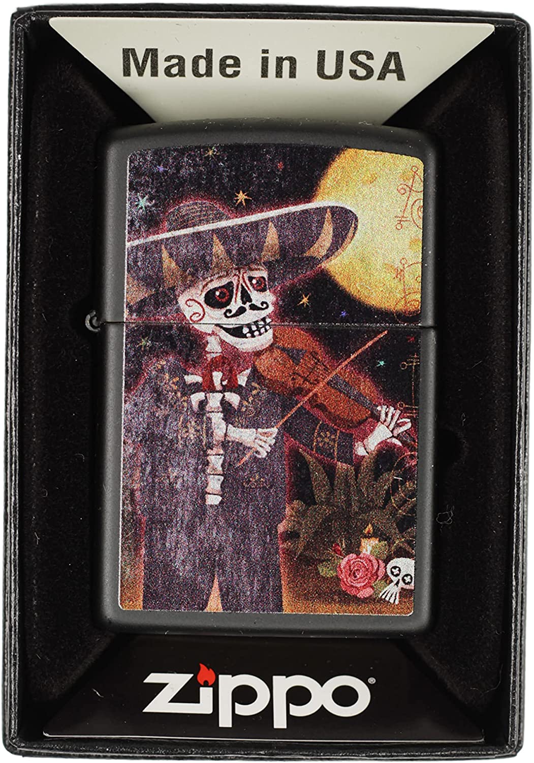 Day of the Dead Skeleton Mariachi Violinist Under the Moon - Black Matte Zippo Lighter