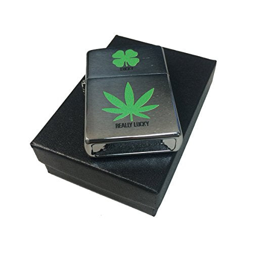 Lucky Really Lucky Clover and Pot Leaf - Brushed Chrome Zippo Lighter