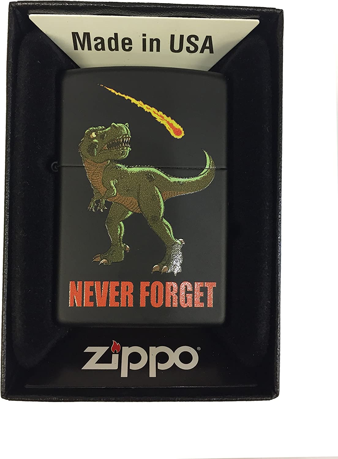 "Never Forget" Dinosaur and Asteroid - Black Matte Zippo Lighter
