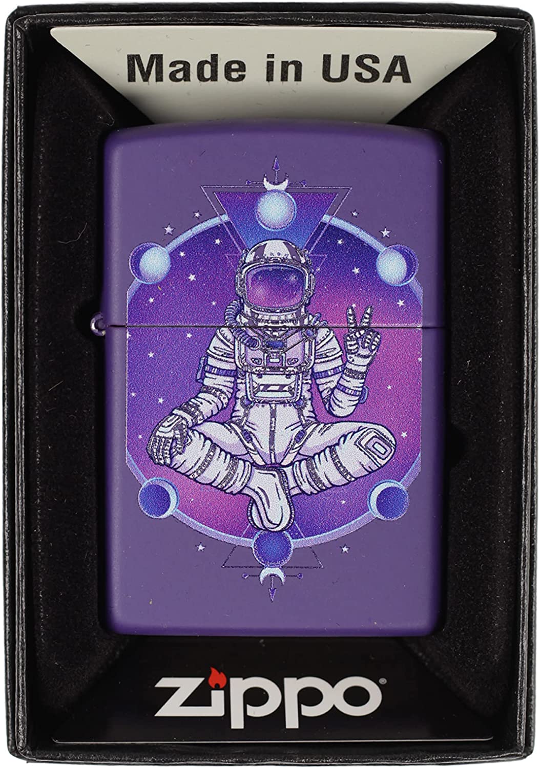Astronaut Buddha with Phases of the Moon - Purple Matte Zippo Lighter
