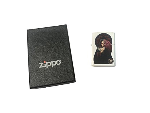 Anne Stokes Japanese Geisha with Fan - White Matte Zippo Lighter