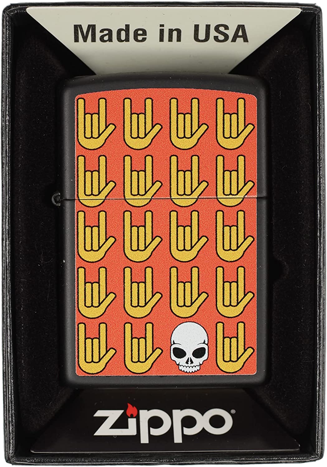 Skull and Hands Rock and Roll Sign Pattern - Black Matte Zippo Lighter