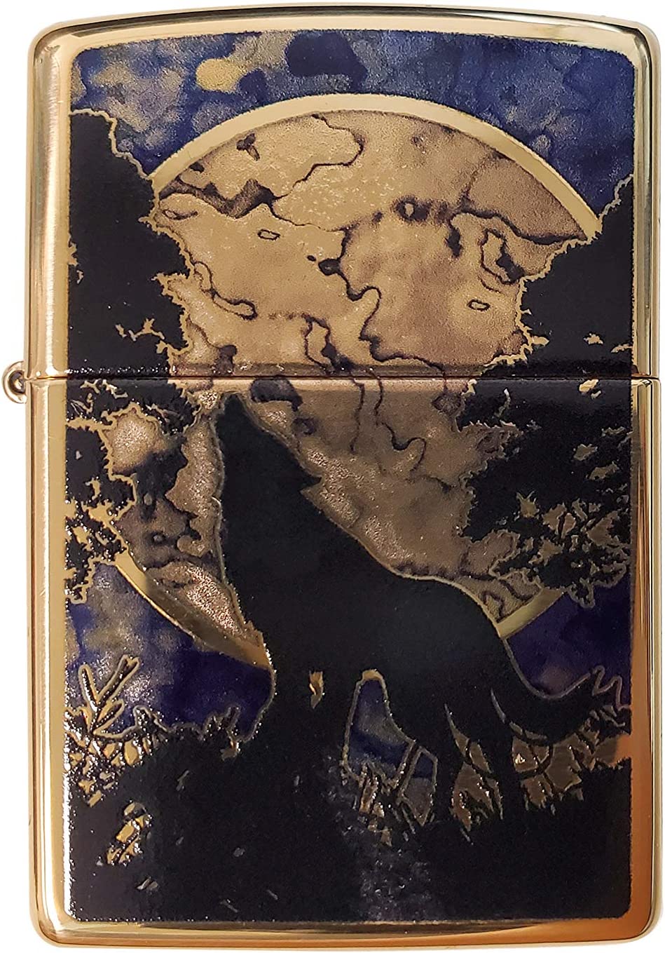 Full Moon Howling Wolf Silhouette - Fusion High Polish Brass Zippo Lighter
