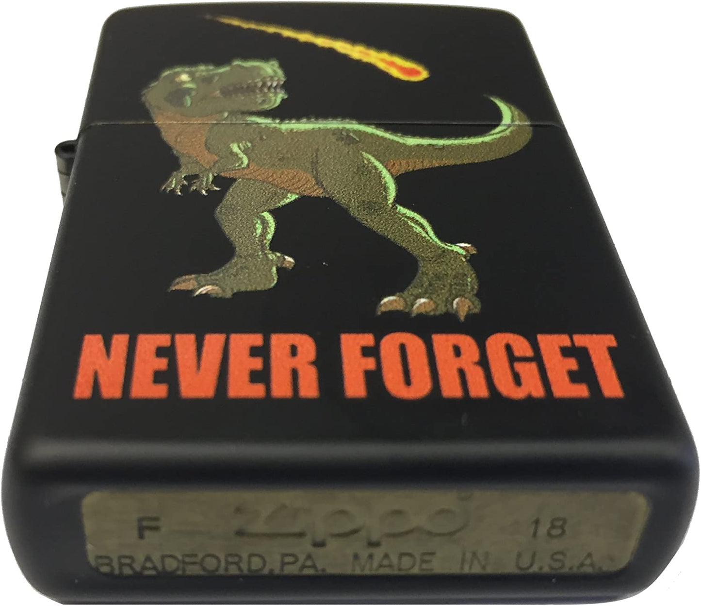 "Never Forget" Dinosaur and Asteroid - Black Matte Zippo Lighter