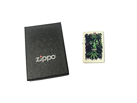Green Face Man with Pot Leaves and Mushrooms - Cream Matte Zippo Lighter