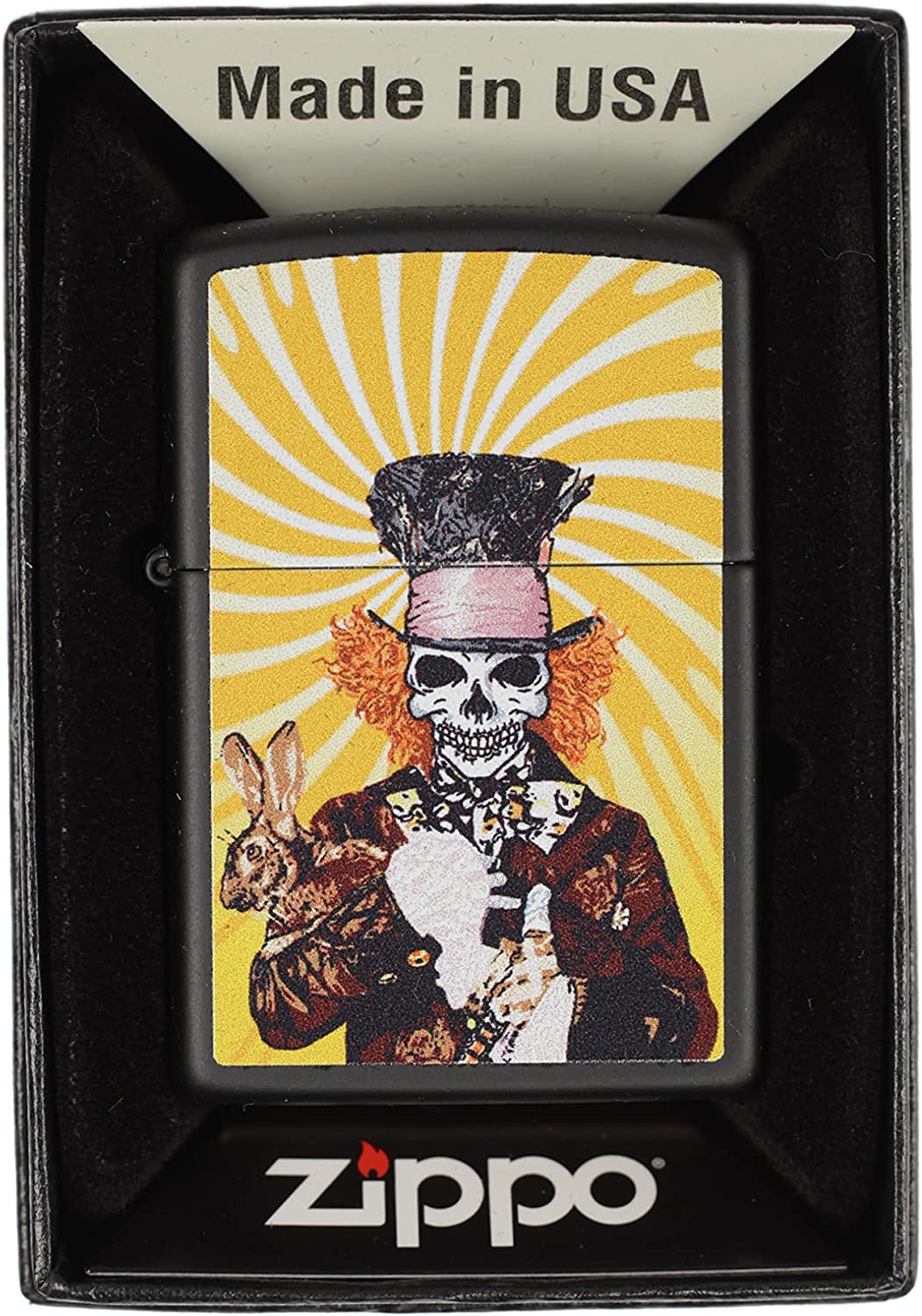 Skeleton Hatter Holding Rabbit - Black Matte Zippo Lighter
