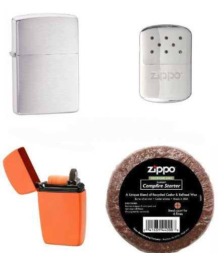 Zippo Outdoor Survival Set - Includes Brushed Chrome Lighter, Hand Warmer, Emergency Firestarter and Cedar Campfire Starter!