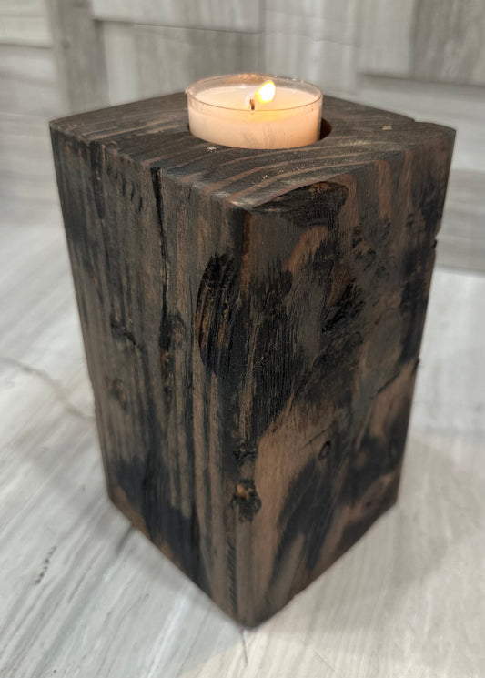 6" Rustic Farmhouse Distressed Weathered Wood Block - Single Tea Light Candle Holder